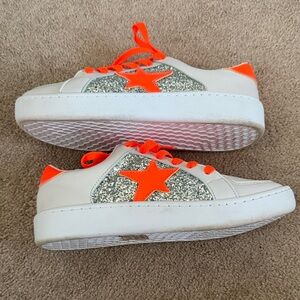 White Sneakers with Silver Glitter Panels and Neon Orange Star Accent